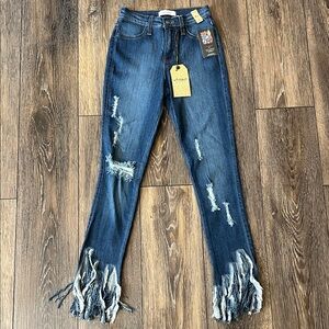 NWT Vibrant MIU Blue Distressed Jeans with Fringe Hem Womens Size 9 W28 USA Made